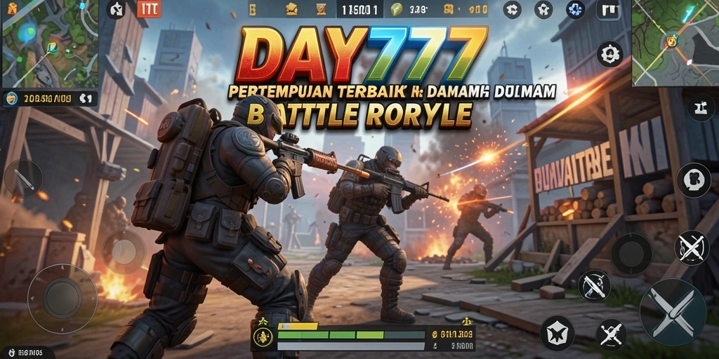Tangkapan layar utama DAY777 menampilkan aksi pertempuran seru dalam Battle Royale.